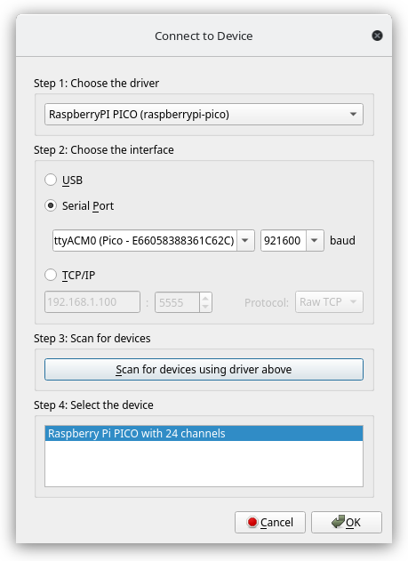 Sigrok &lsquo;Connect to Device&rsquo; dialog showing connection to Raspberry Pico